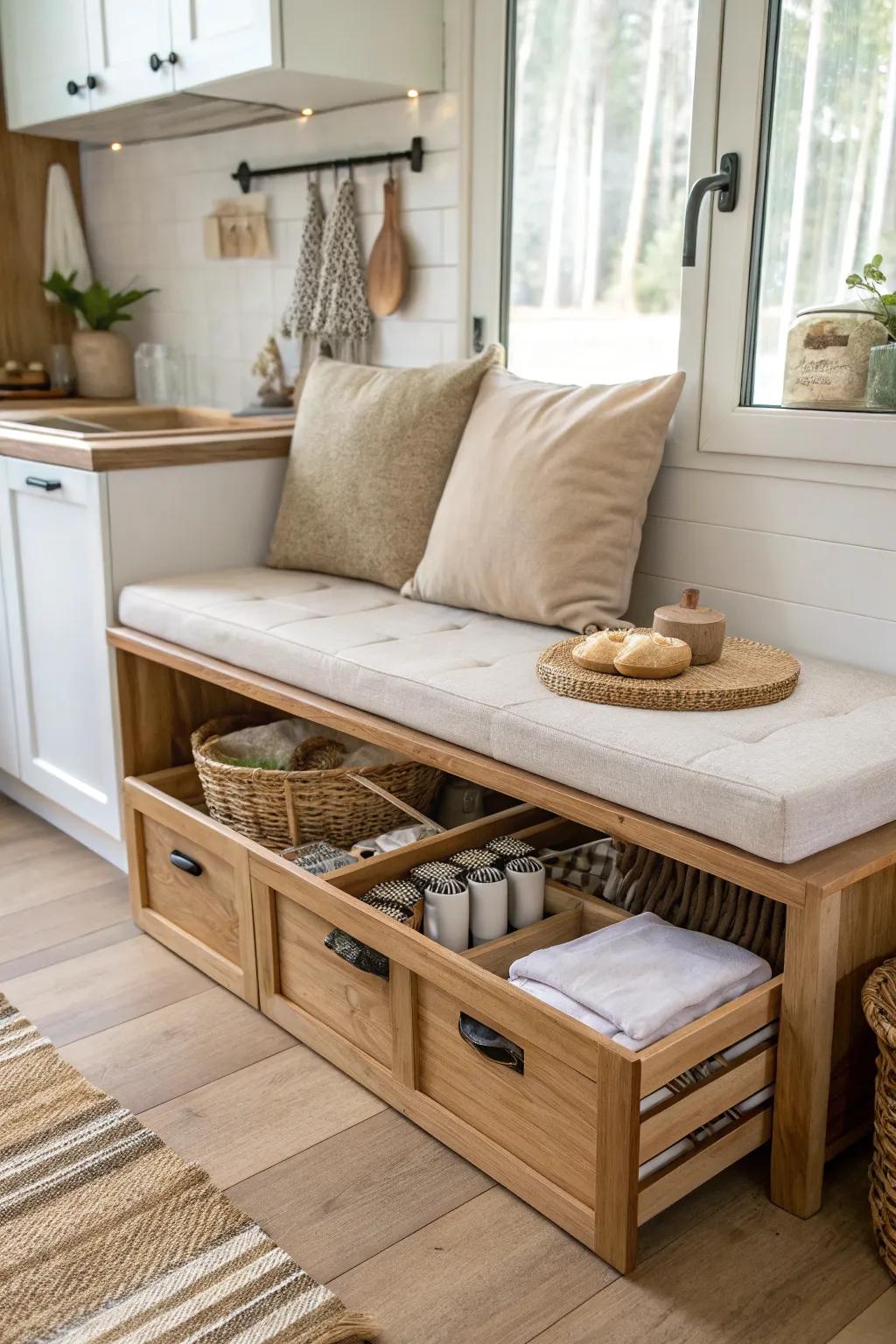 Discover the elegance of multi-functional furniture: where style meets smart storage solutions for your kitchenette.