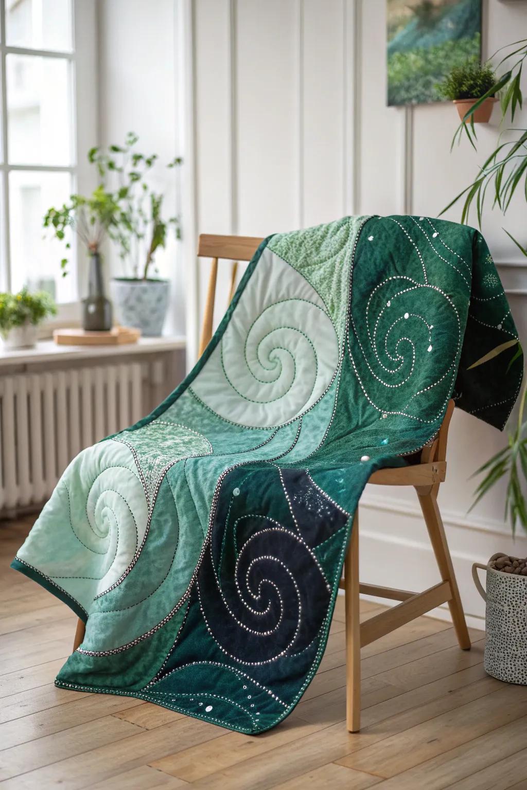Embrace the cosmos with this enchanting green galaxy quilt, a harmonious blend of simplicity and whimsy.