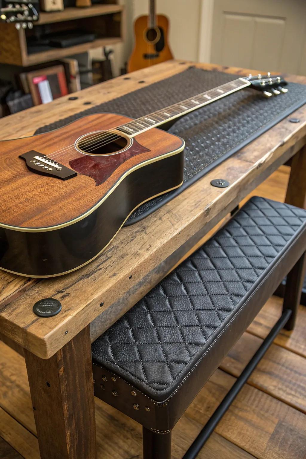Enhance your guitar care routine with a bespoke bench mat for a touch of craftsmanship.