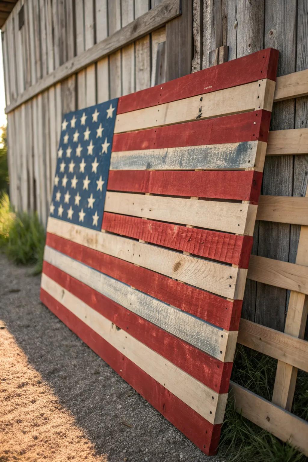 Embrace sustainability with stunning eco-friendly hues on this handcrafted pallet flag.
