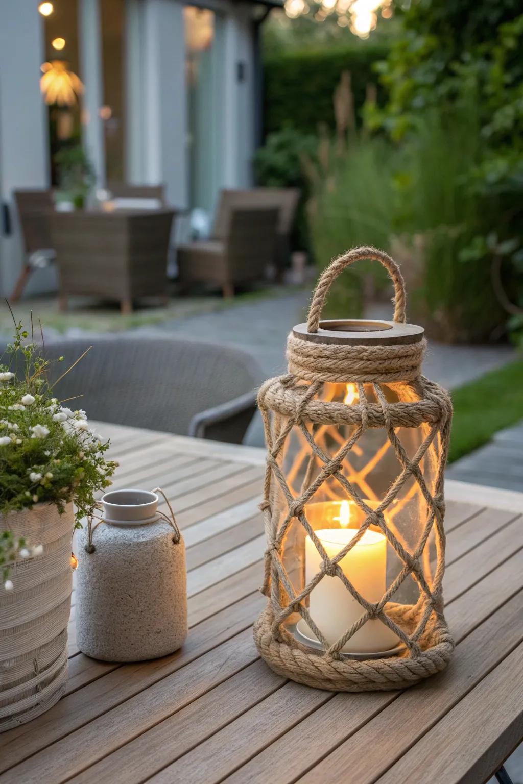Illuminate your evenings with the cozy charm of a rope-wrapped lantern, perfect for adding a touch of warmth to any outdoor space.