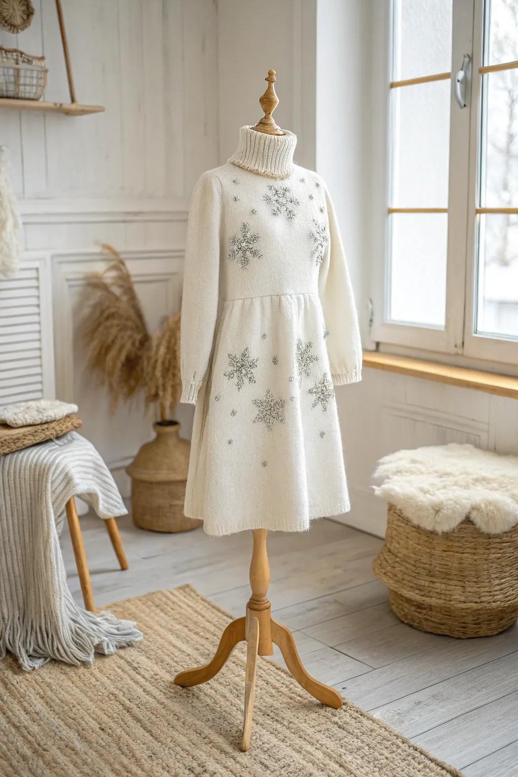 Embrace the magic of winter with a serene sweater dress that combines simplicity and elegance.