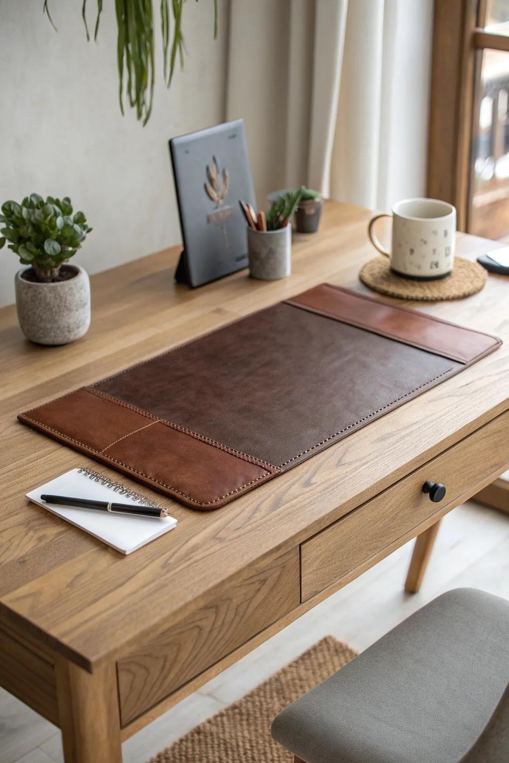 Elevate your workspace with a touch of luxury through a leather inlay. Discover the beauty of upcycling.