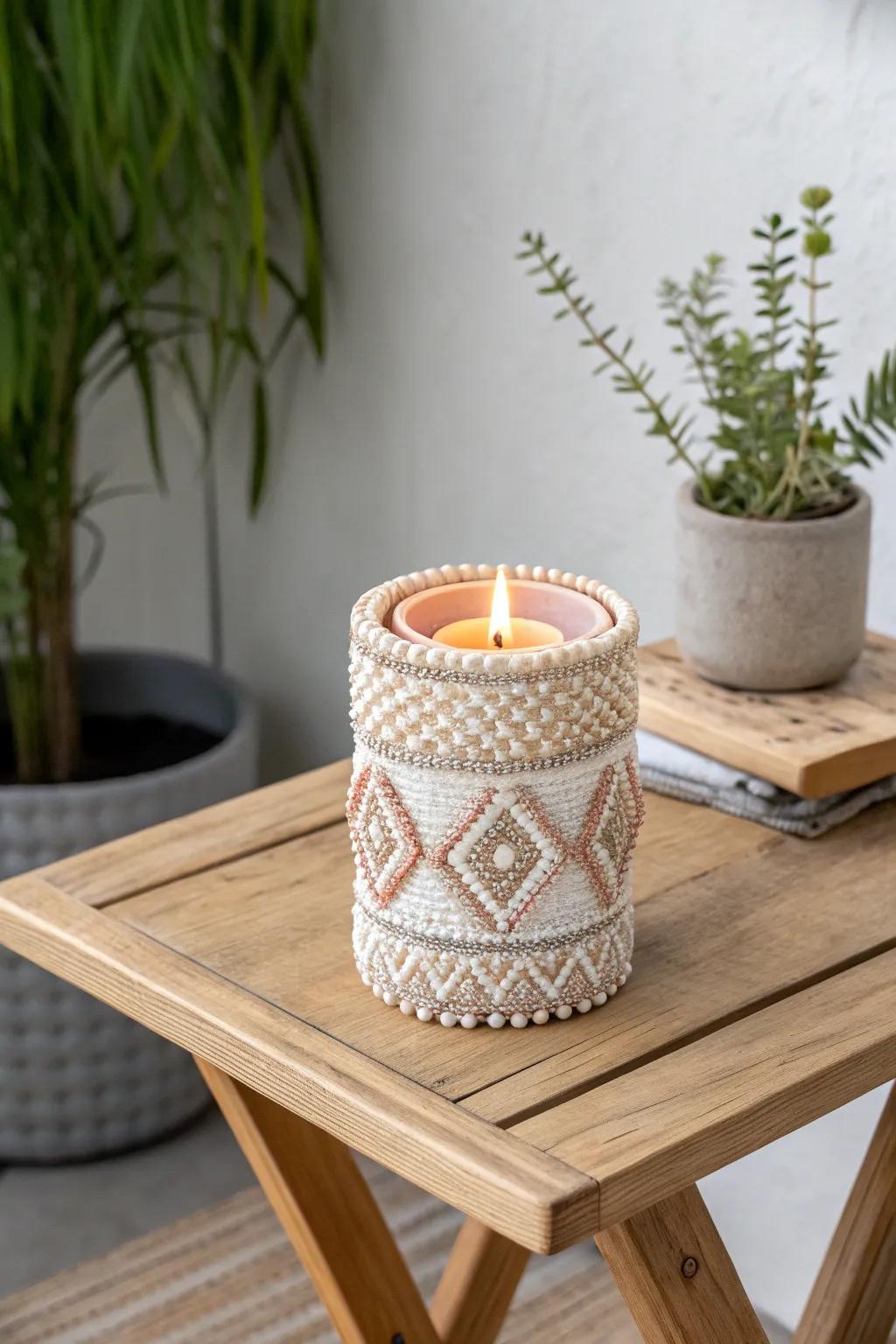 Elevate your living space with the subtle sparkle of beaded candle holders. Embrace the beauty of craftsmanship and simplicity. #MinimalistDecor #ScandiBoho