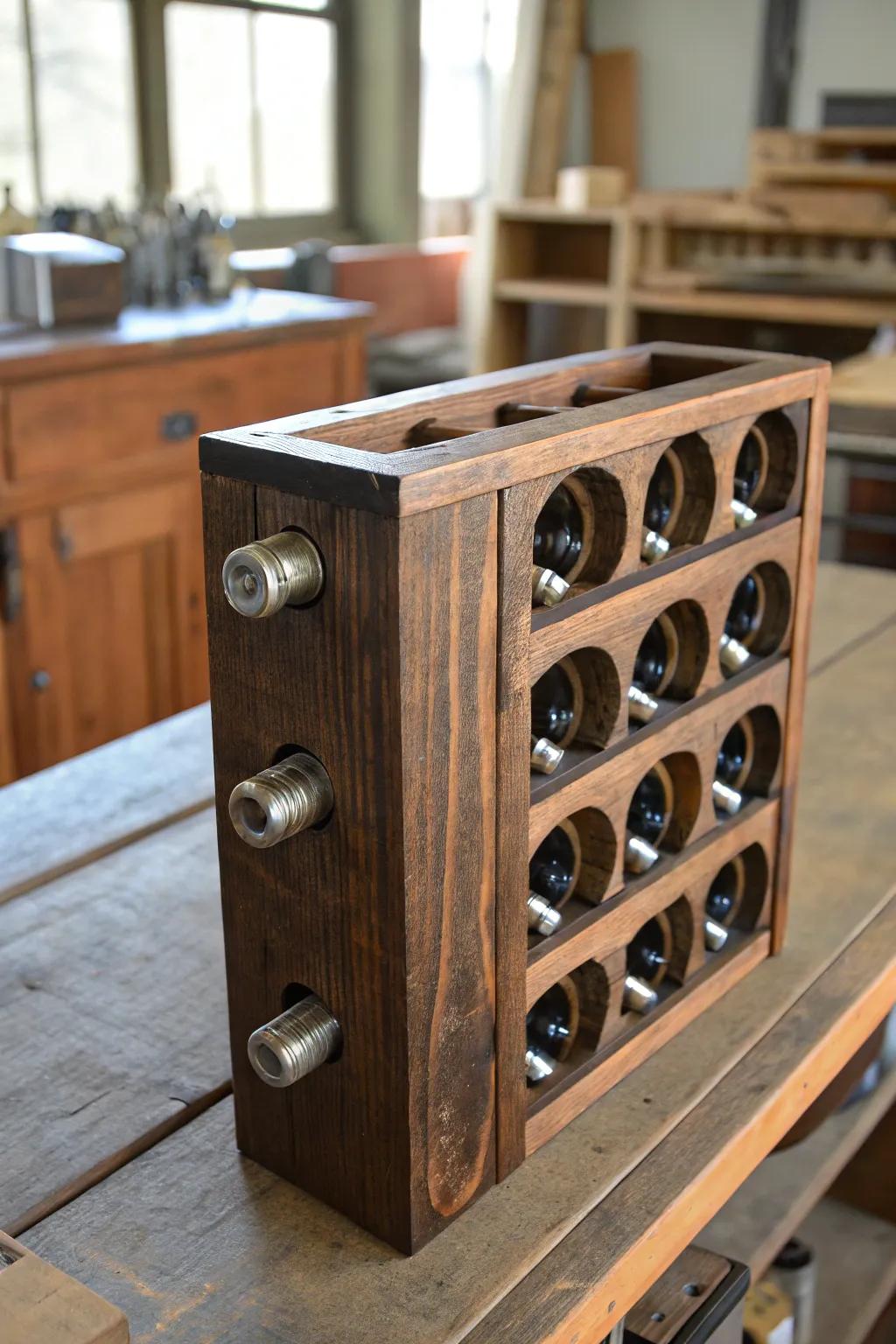 Transform your workspace with style: a vintage wine rack turned into a sleek socket organizer.