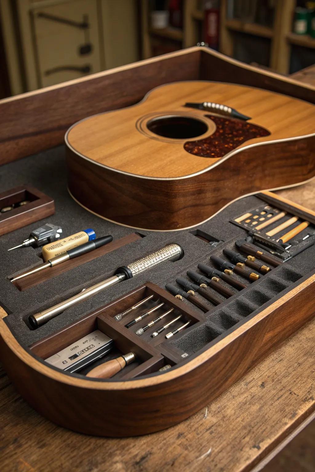 Elevate your guitar crafting with a recessed tool tray - where elegance meets efficiency.