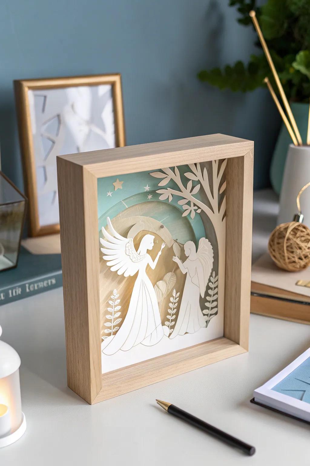 Bring tranquility and hope to your space with a beautifully crafted angel shadow box.