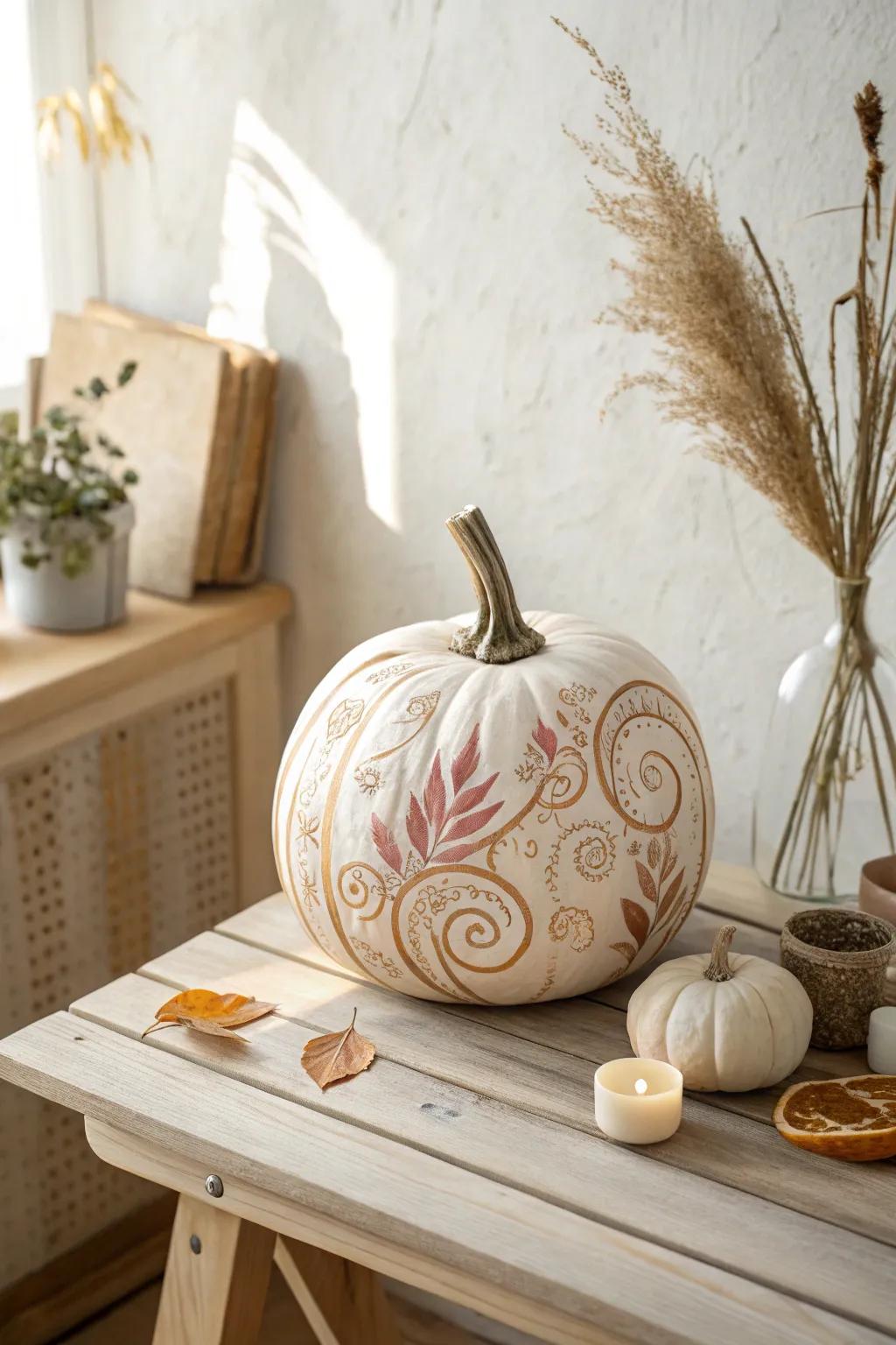 Embrace the art of nature with this elegant 'Swirl by Swirl' pumpkin design, perfect for a minimalist fall decor.