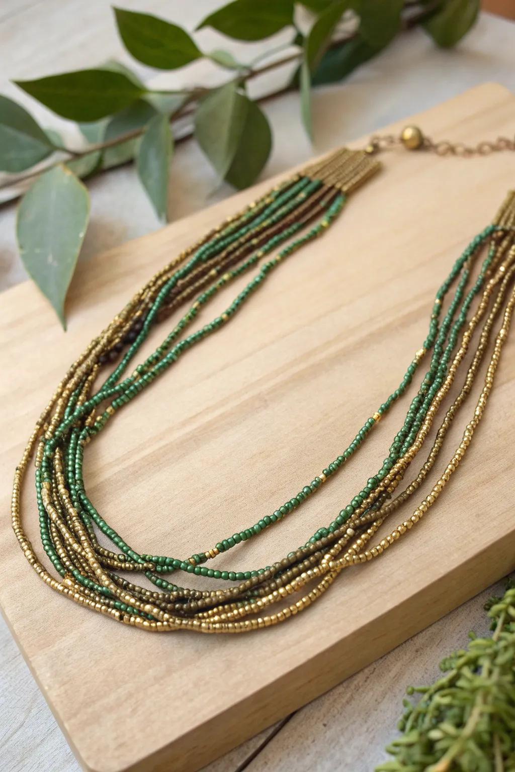 Embrace the elegance of brassy greens and golds in a stunning multi-strand masterpiece, perfect for your spring celebrations.