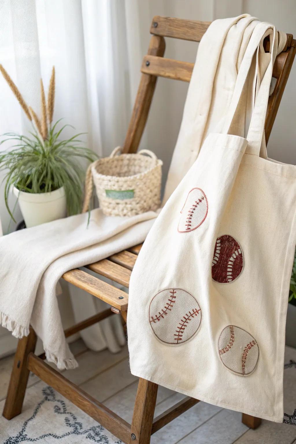 Elevate your style with this chic softball-embellished tote, where sport meets Scandinavian elegance.