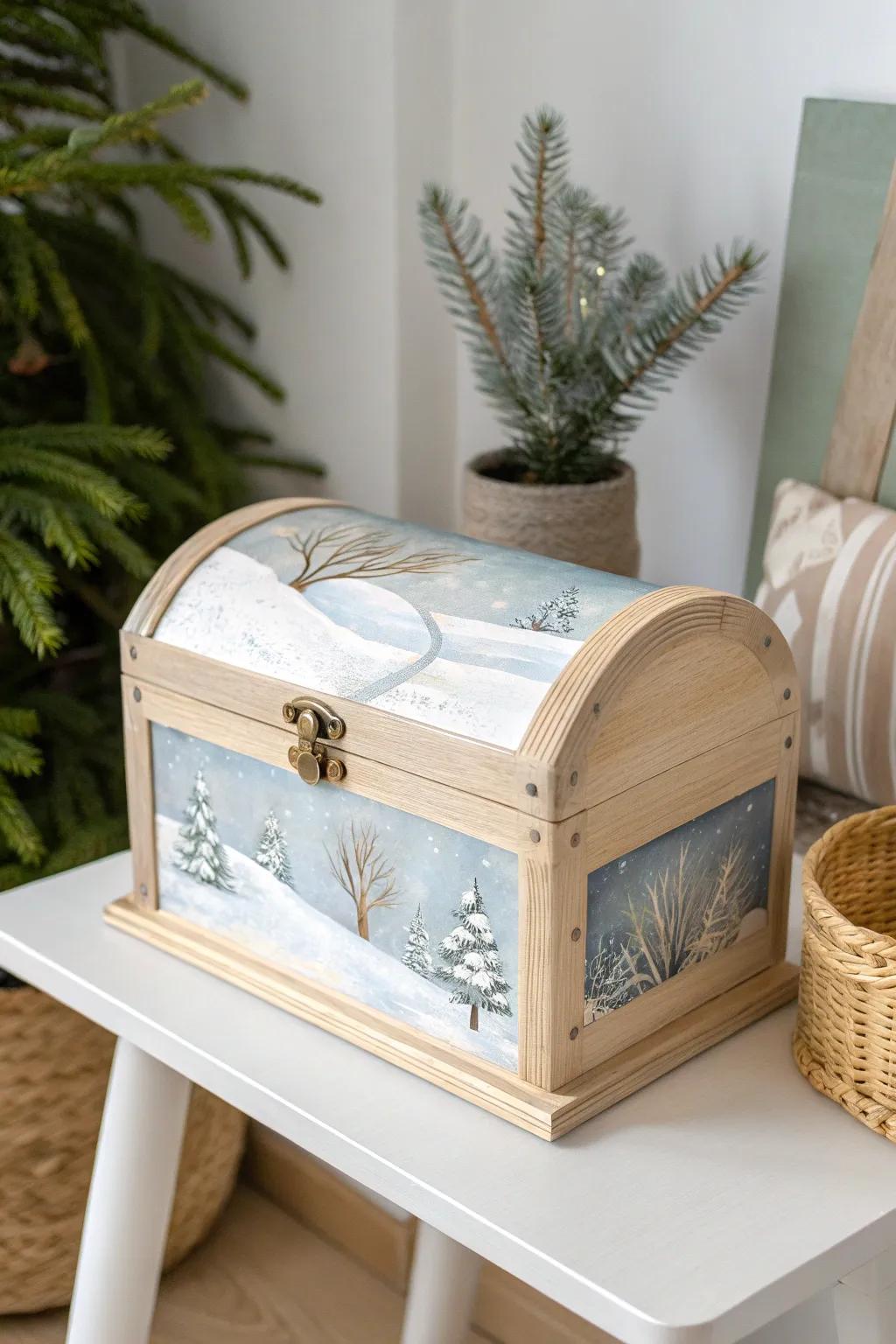 Transform your treasure chest with seasonal artistry – winter's serene beauty in every detail.
