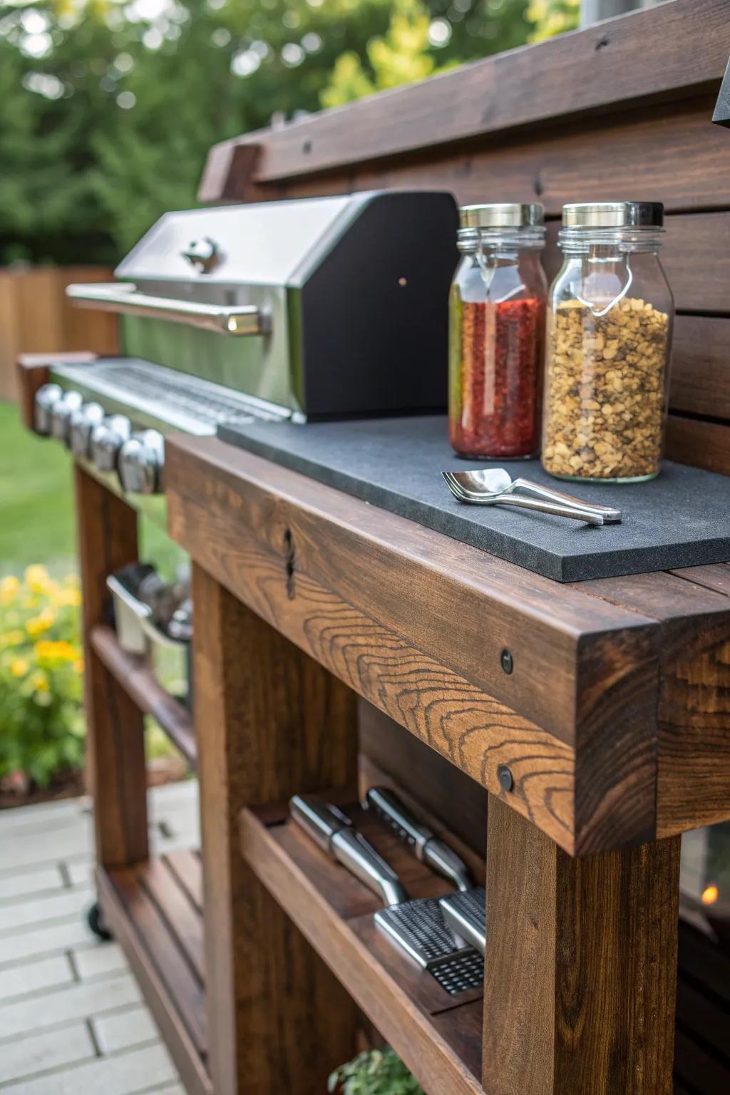 Elevate your grill game with handcrafted wooden shelves for a stylish and functional outdoor kitchen.