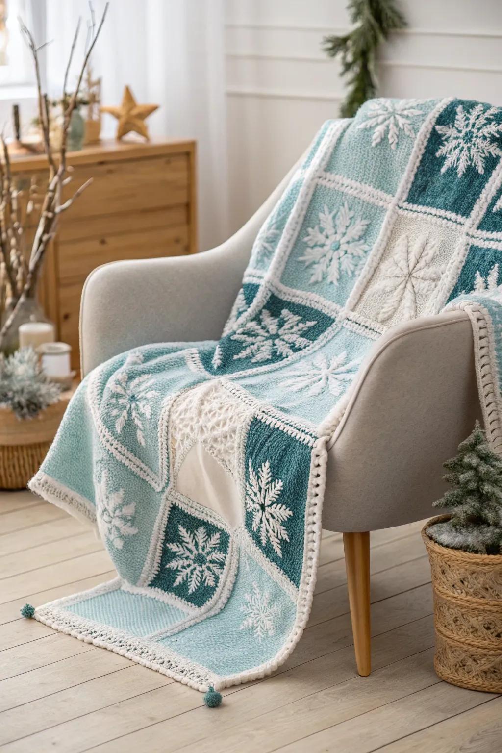 Transform your space into a serene winter retreat with this stunning crochet blanket, where craftsmanship meets the elegance of a snow-kissed morning.