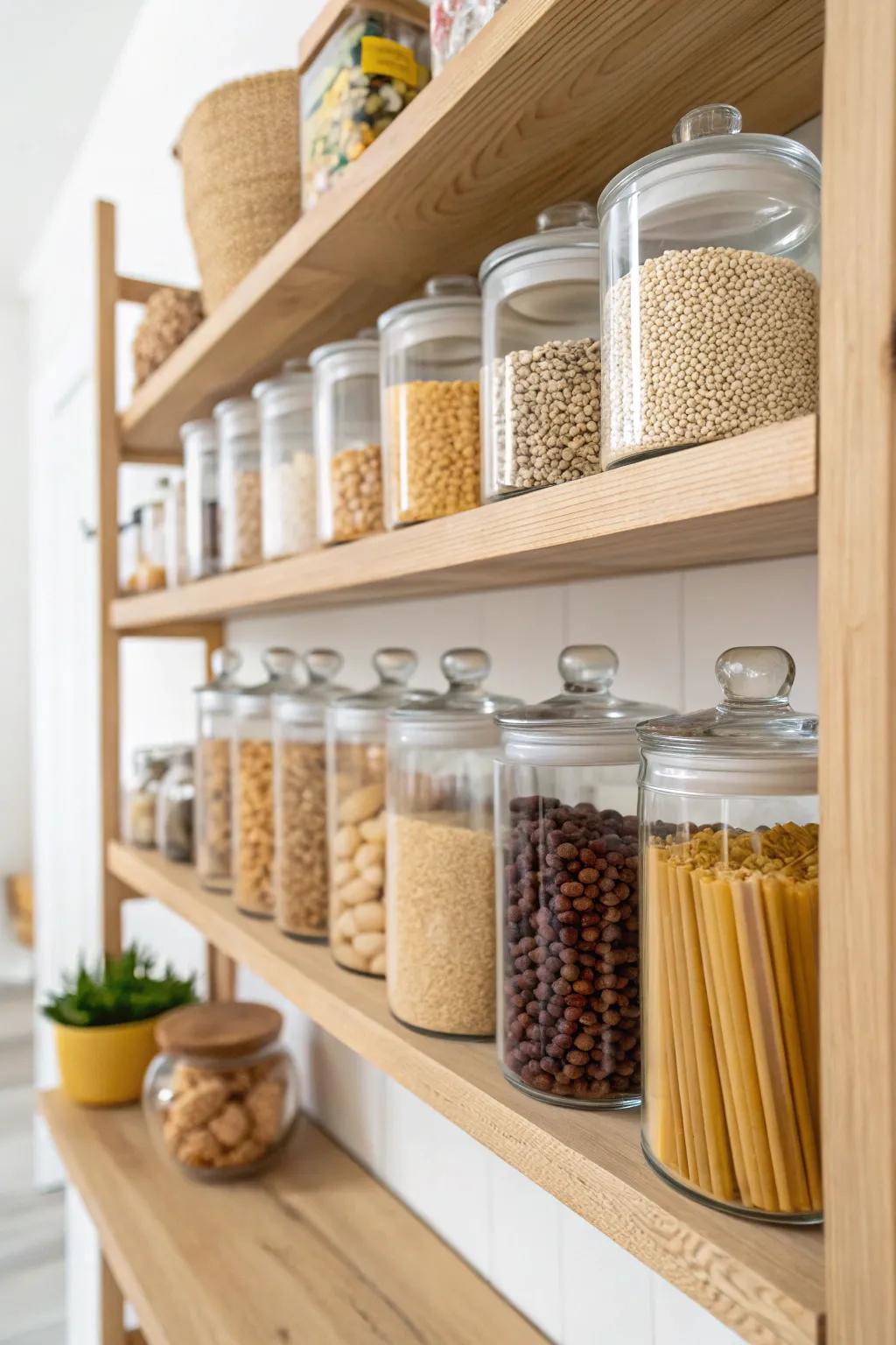 Elevate your pantry with clear containers for a clean and cohesive look.