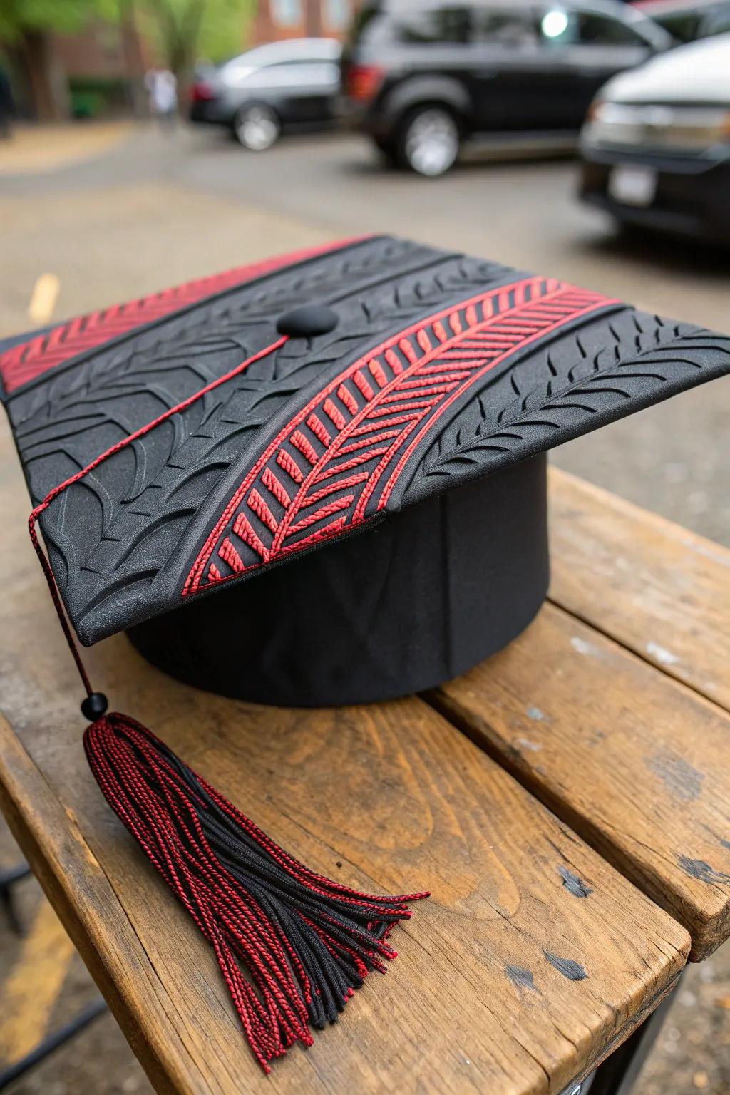 Graduation in style: Tire tread textures for the ultimate car enthusiast's cap.
