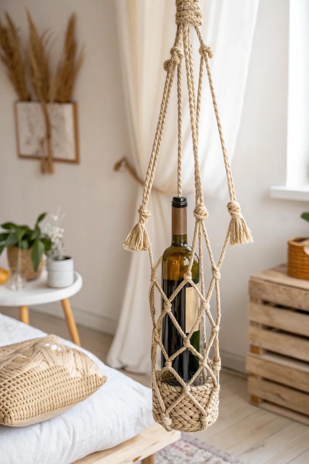 Elevate your wine display with this stunning rope wine holder, where simplicity meets sophistication.