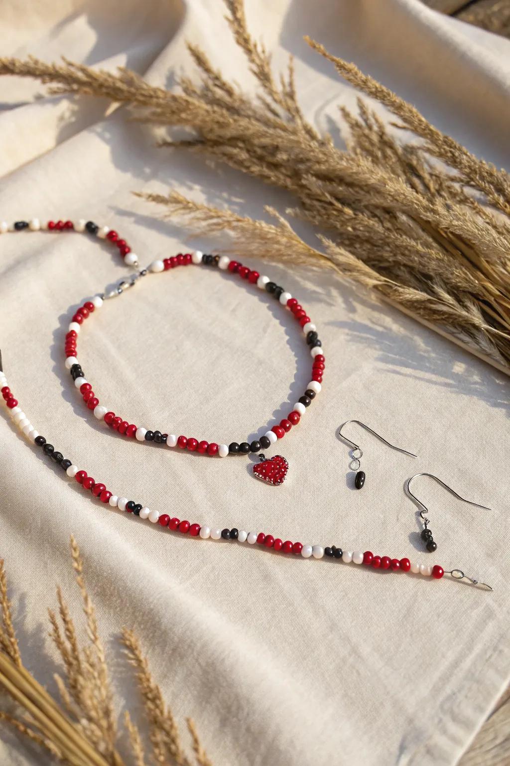 Embrace love with this heartfelt red and black seed bead set, perfect for a minimalist's Valentine’s Day.