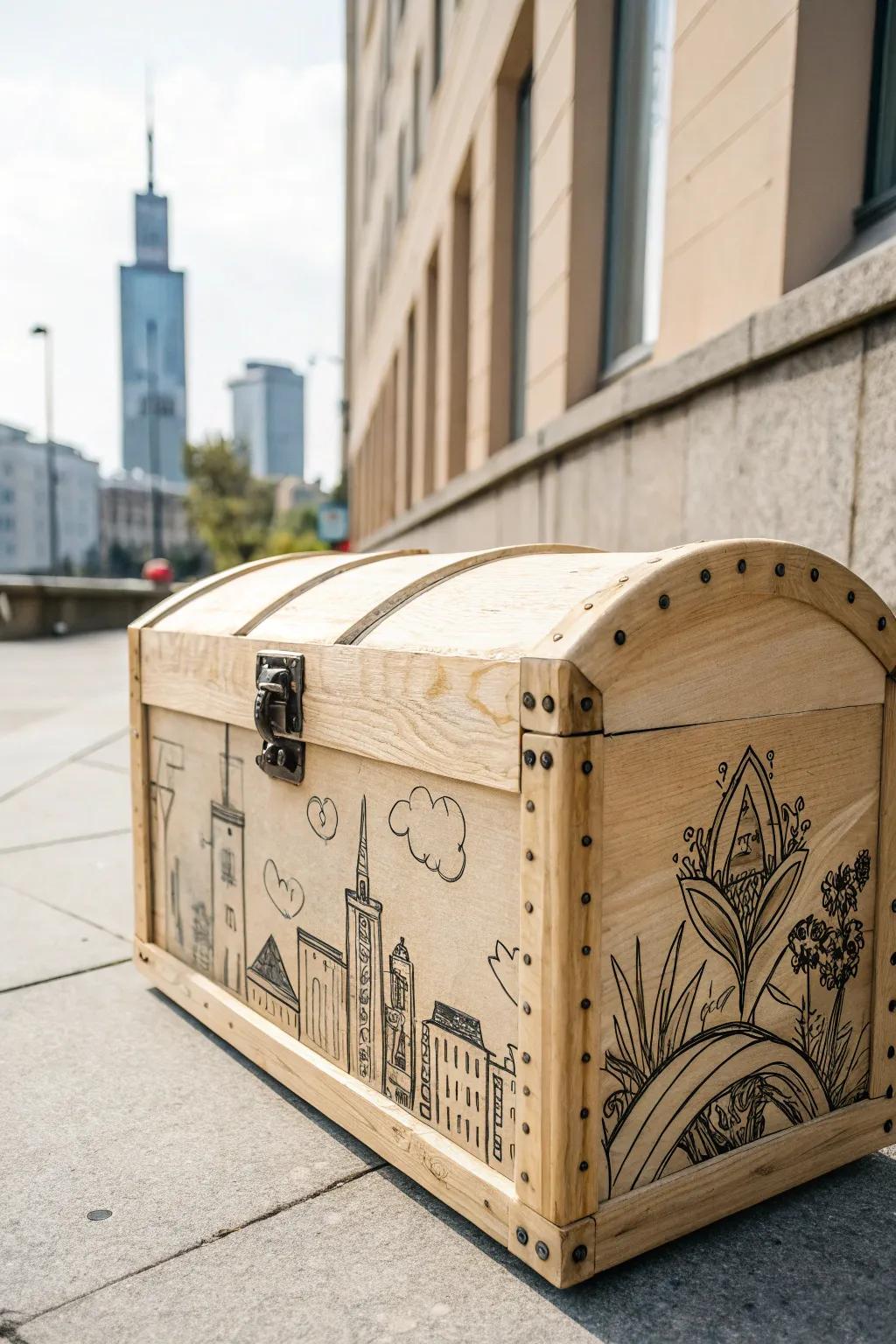 Discover the urban edge: A treasure chest transformed with chic graffiti flair.