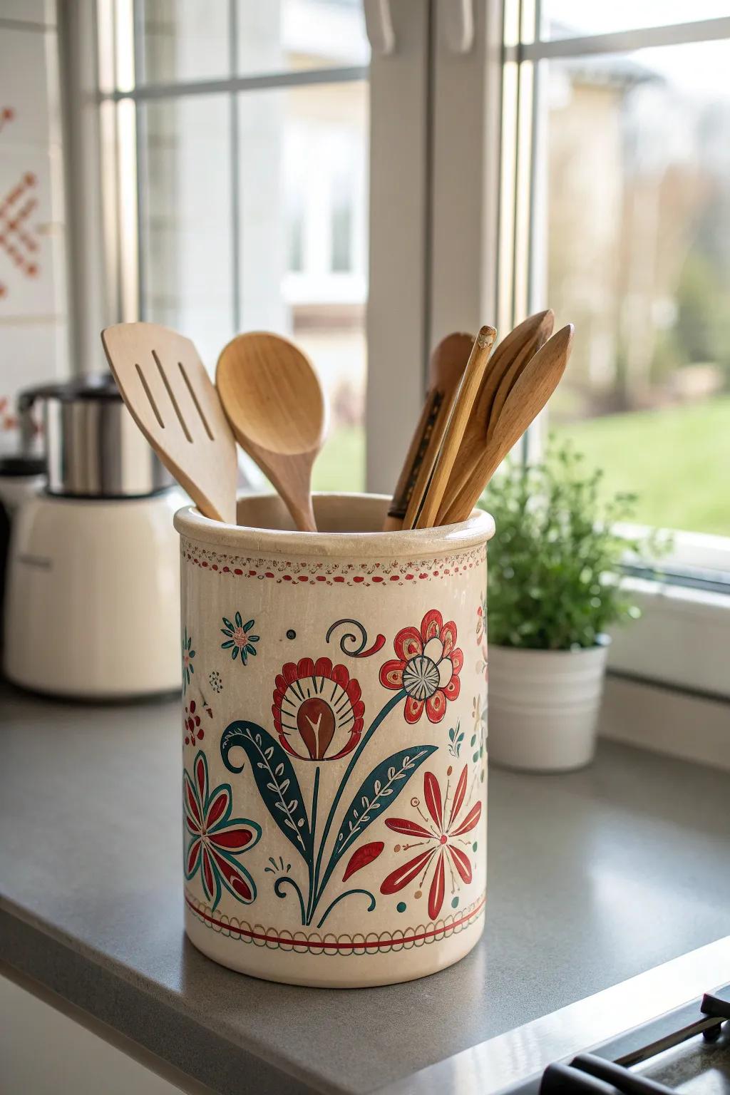 Elevate your kitchen's style with a handcrafted, colorful clay pot utensil holder that blends minimalist elegance with boho charm.