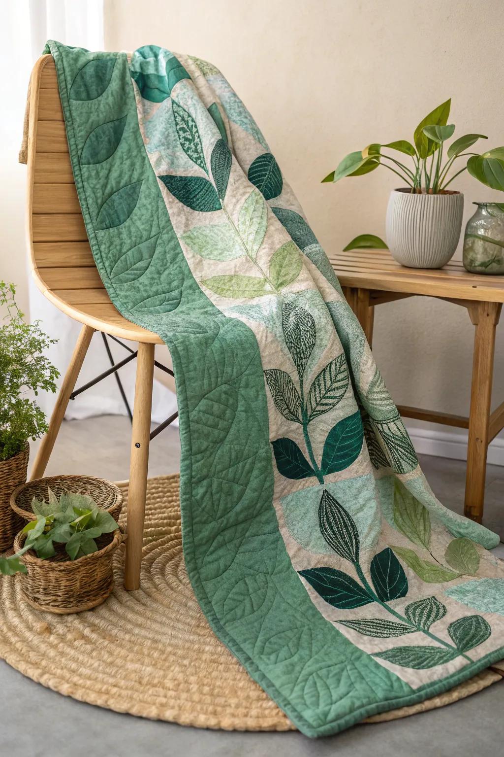 Embrace the art of layering with lush green leaves on your quilt for a touch of nature indoors.