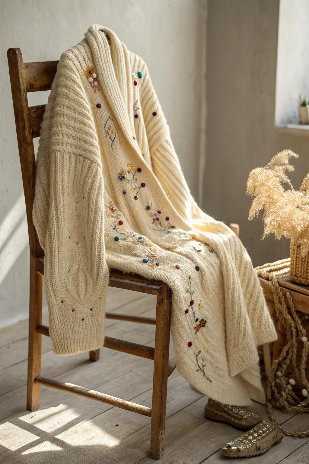 Transform your sweater with whimsical embellishments for a unique, handcrafted touch.