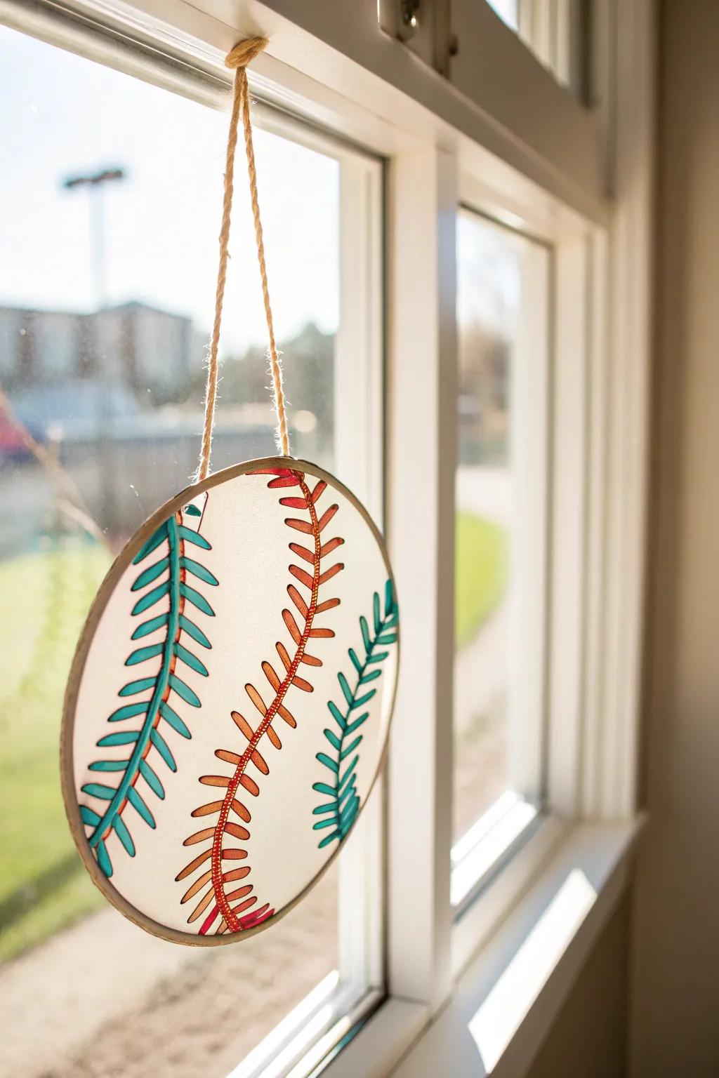 Brighten your space with a handcrafted softball suncatcher, capturing the essence of minimalist elegance.