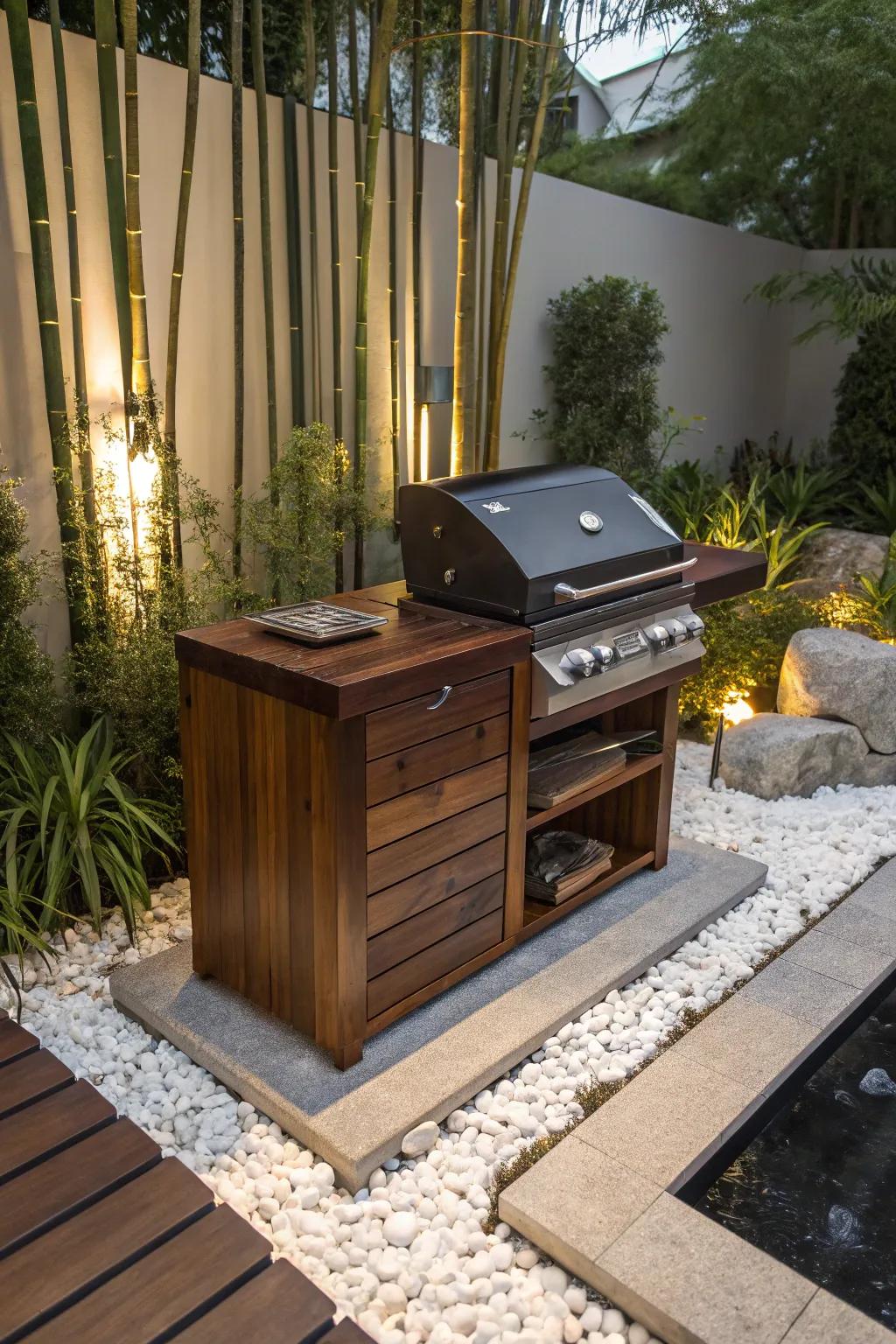 Find serenity and style in your grilling with a Zen garden corner setup.