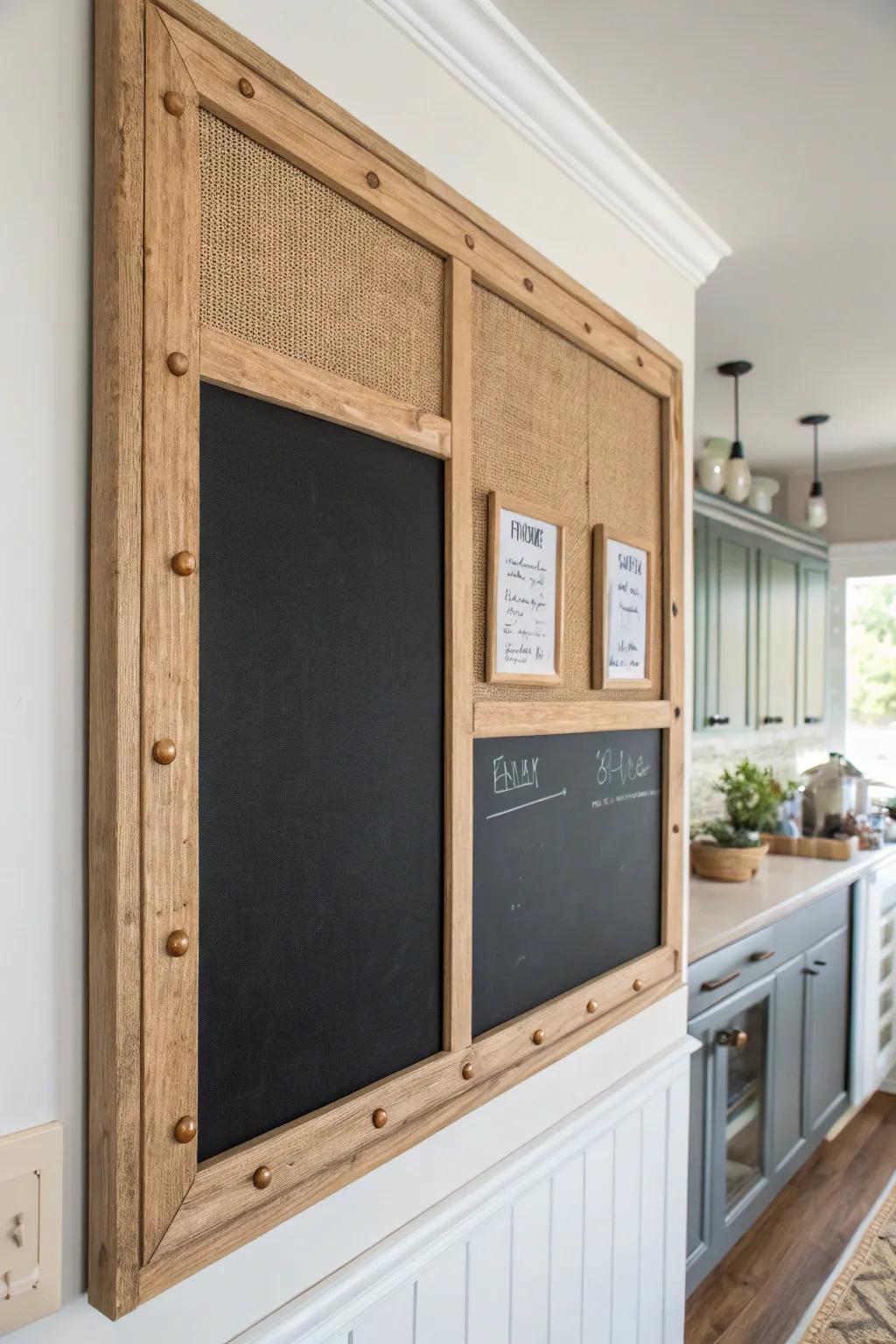 Elevate your kitchen with a chic burlap and chalkboard combo — where vintage meets modern simplicity.
