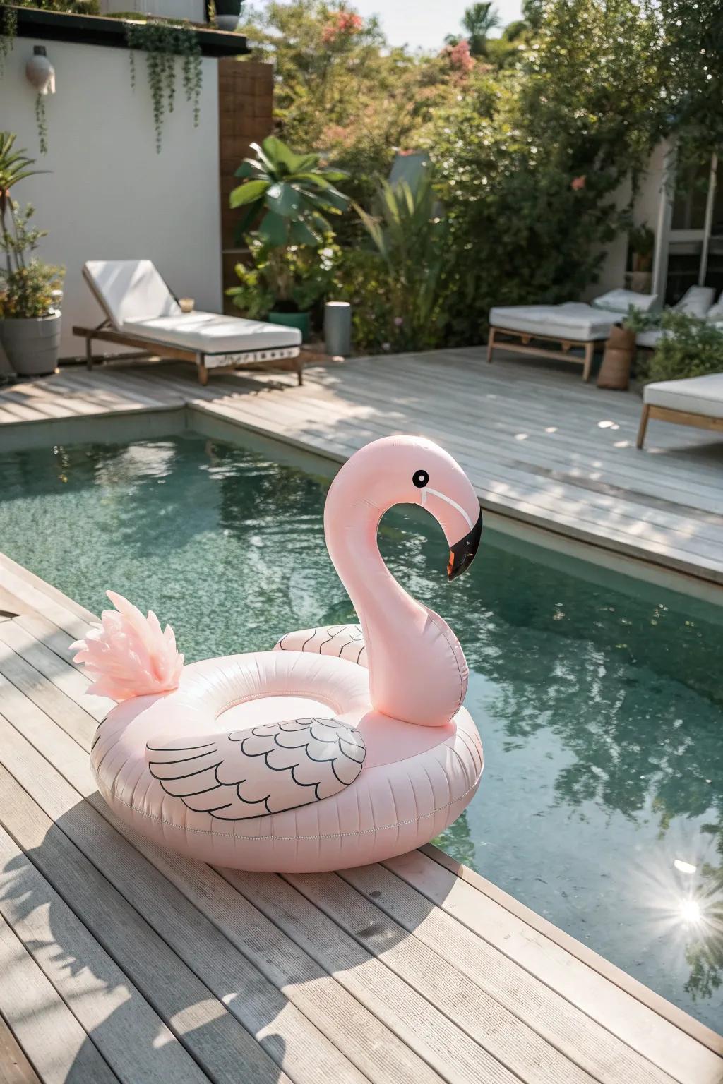 Elevate your pool party with the enchanting allure of a floating flamingo, where simplicity meets playful elegance.