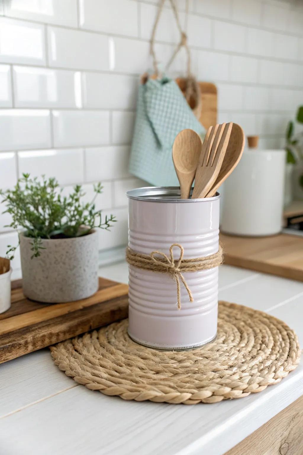 Transform tin cans into charming utensil holders with a touch of rustic elegance.