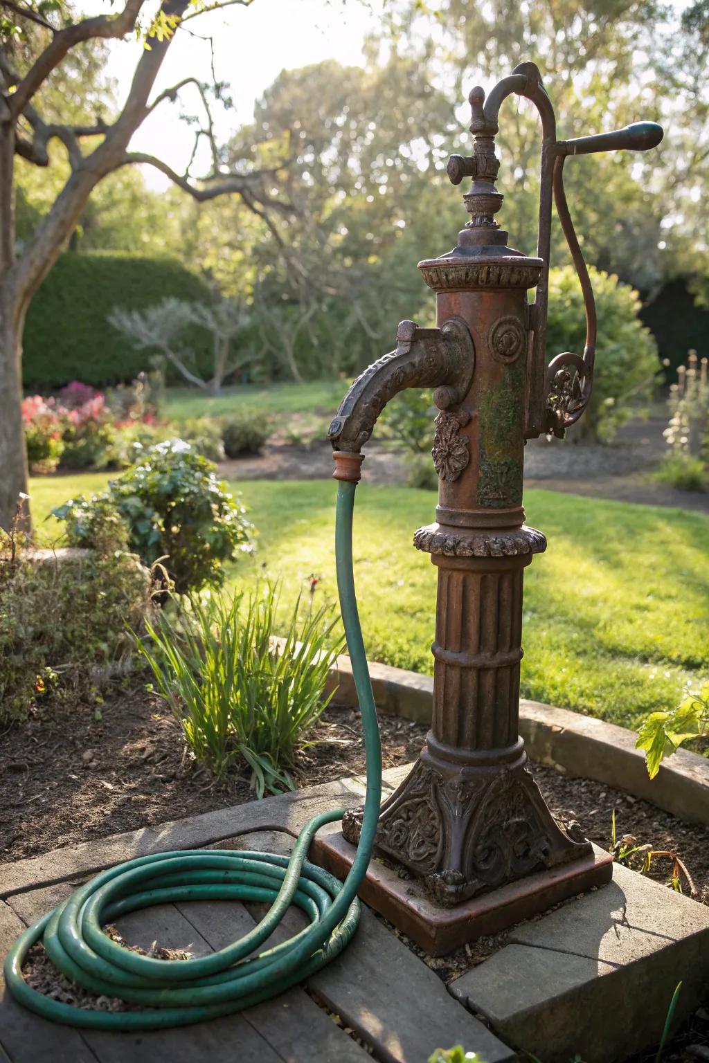 Transform your garden with this charming vintage water pump hose holder—where nostalgia meets functionality.
