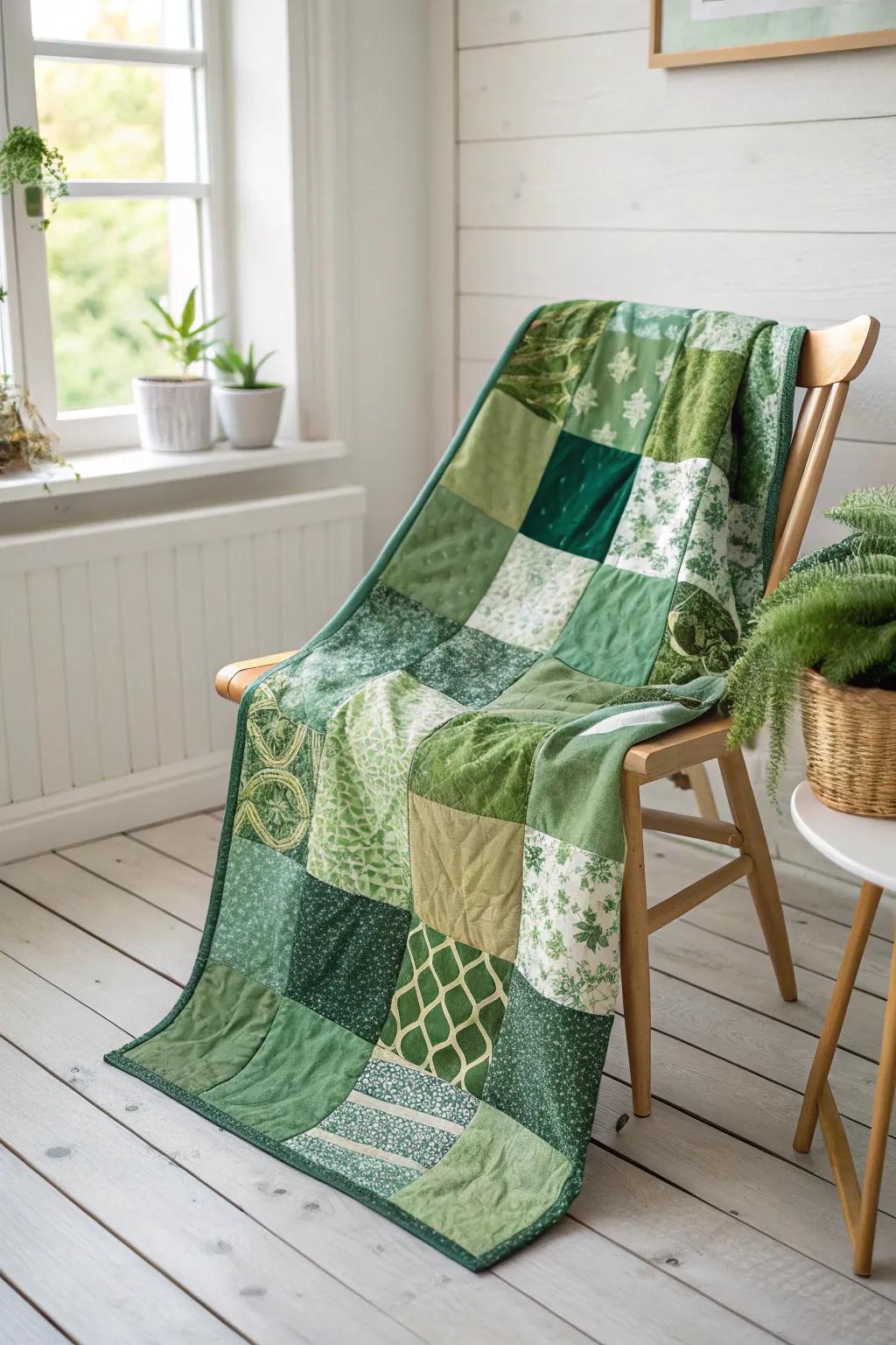 Discover the serene allure of emerald hues in this handcrafted mosaic quilt, perfect for adding a touch of nature-inspired elegance to your space.