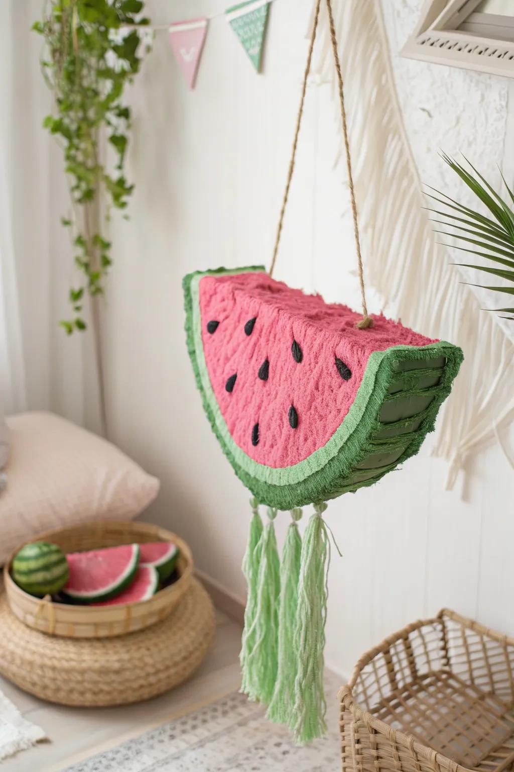 Add a splash of fun and color with a charming watermelon piñata, the perfect centerpiece for your next summer gathering!