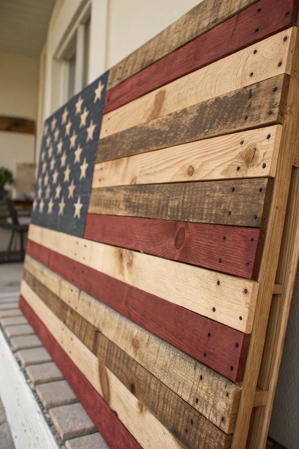Celebrate rustic craftsmanship with a vintage wooden flag that tells its own story.