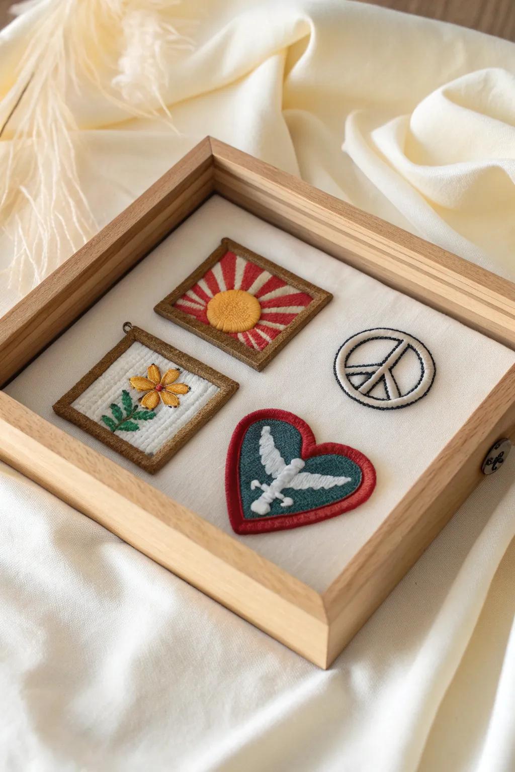 Transform your patch collection into art with a minimalist shadow box display that celebrates craftsmanship and natural beauty.