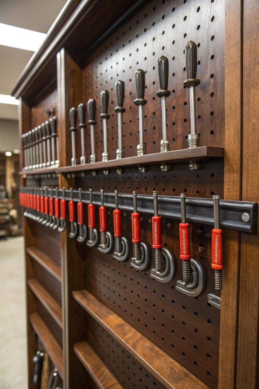 Transform your workspace into a masterpiece of organization with this elegant pegboard clamp display.