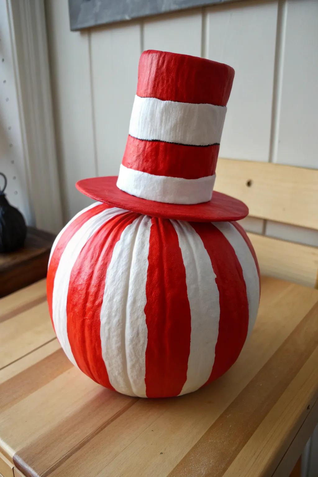 Bring Dr. Seuss's whimsy to life with a minimalist 'Cat in the Hat' inspired pumpkin!