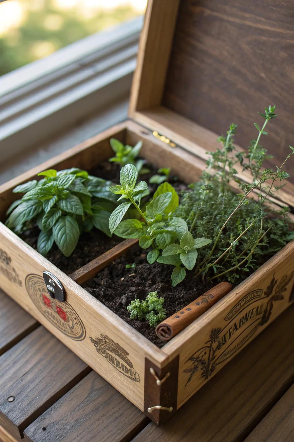 Transform a vintage cigar box into a lush mini herb garden, a project for those who cherish craftsmanship and fresh flavors.