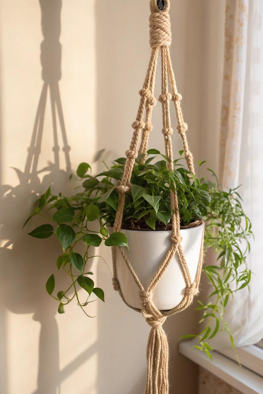 Elevate your greenery with a touch of bohemian charm using a handcrafted rope plant hanger. 🌿✨