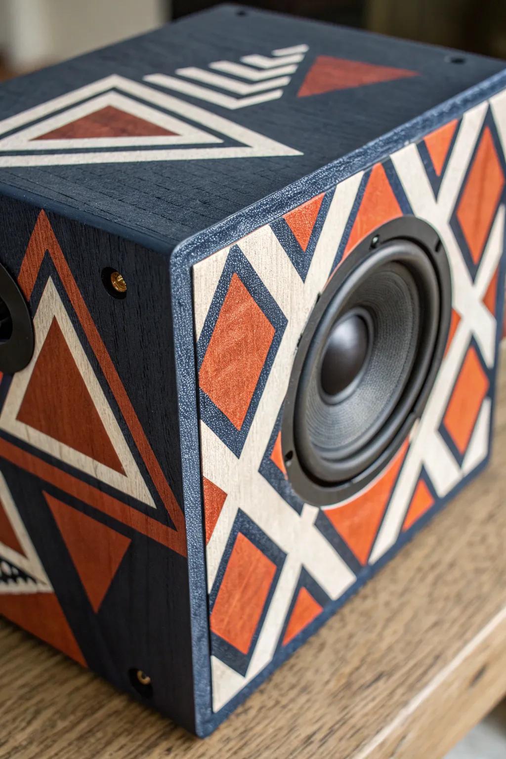 Transform your space with a touch of artistry – geometric patterns breathe new life into your speaker box.