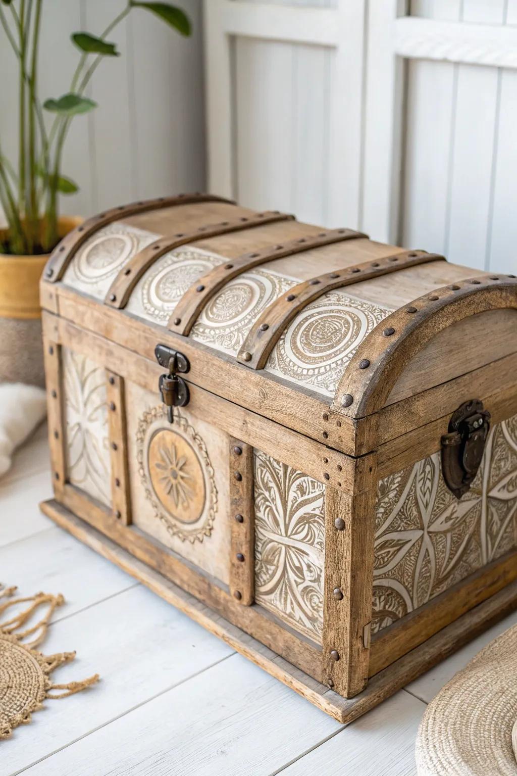 Discover the beauty of aged elegance with this rustic treasure chest.