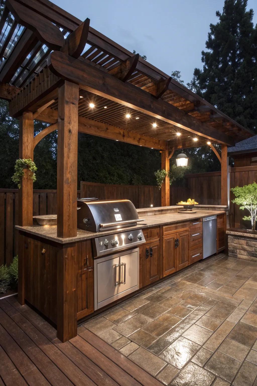 Grill in style with a pergola that blends craftsmanship and comfort.