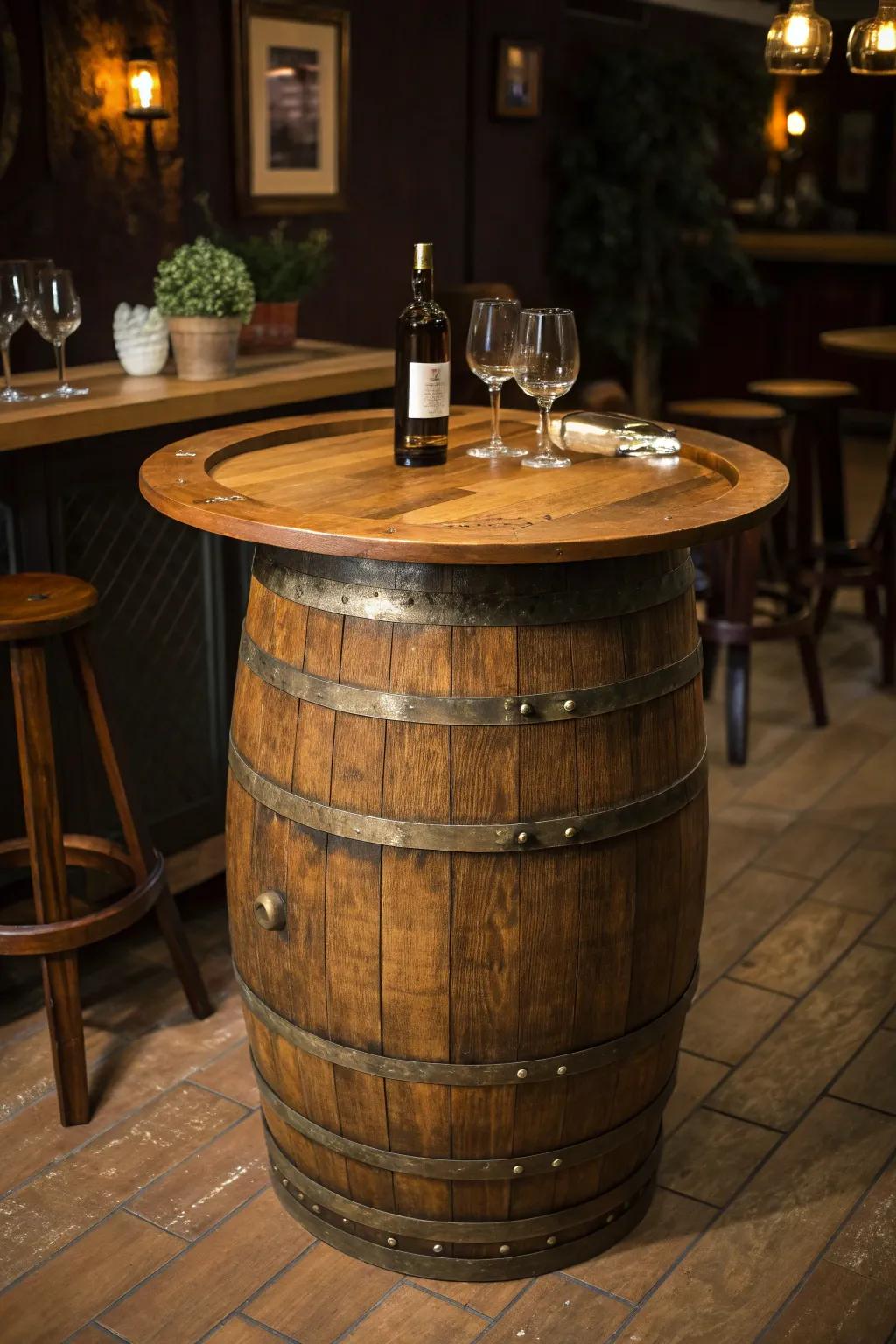 Elevate your gatherings with this exquisite barrel bar table.