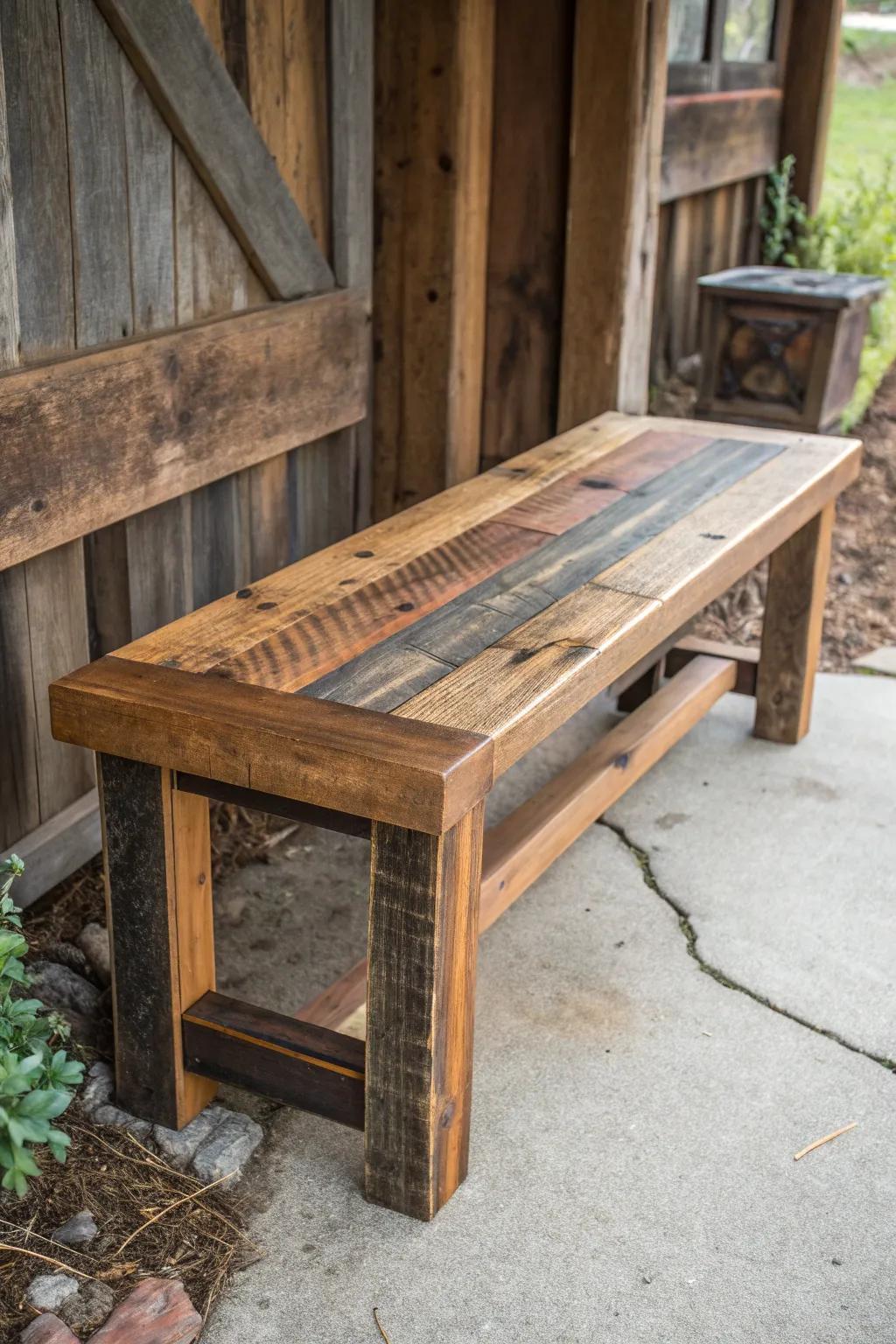 A masterpiece of reclaimed beauty: this 2x4 wood bench tells a story of timeless craftsmanship.
