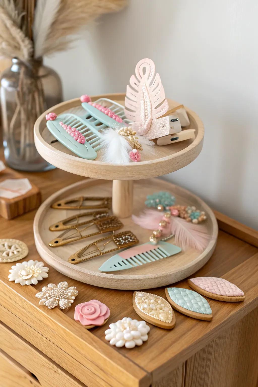 Elevate your hair accessory game with this chic tiered tray display, perfect for organizing and showcasing your favorite clips in style.