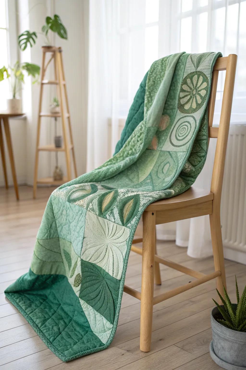 Unleash your creativity with abstract green quilt patterns, where minimalism meets bohemian charm.