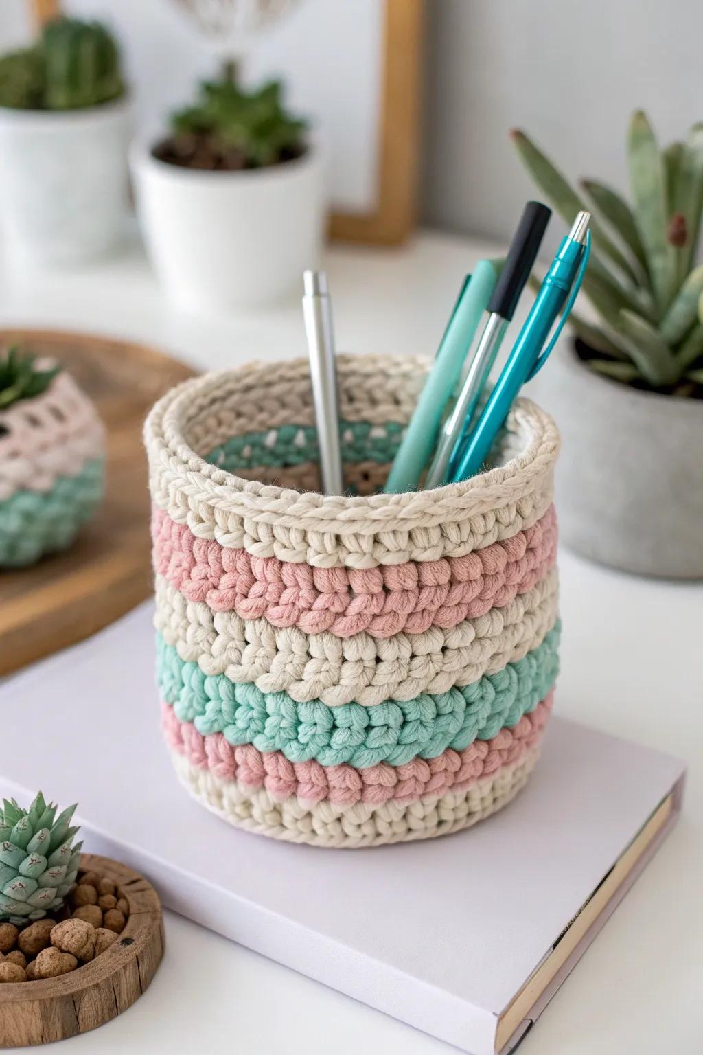 Elevate your workspace with this charming crochet pen holder, where simplicity meets playful elegance.