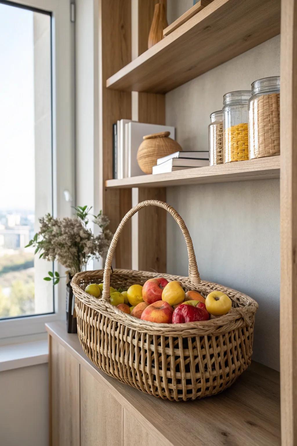 Embrace rustic charm with wicker baskets for your pantry, blending simplicity and natural beauty.