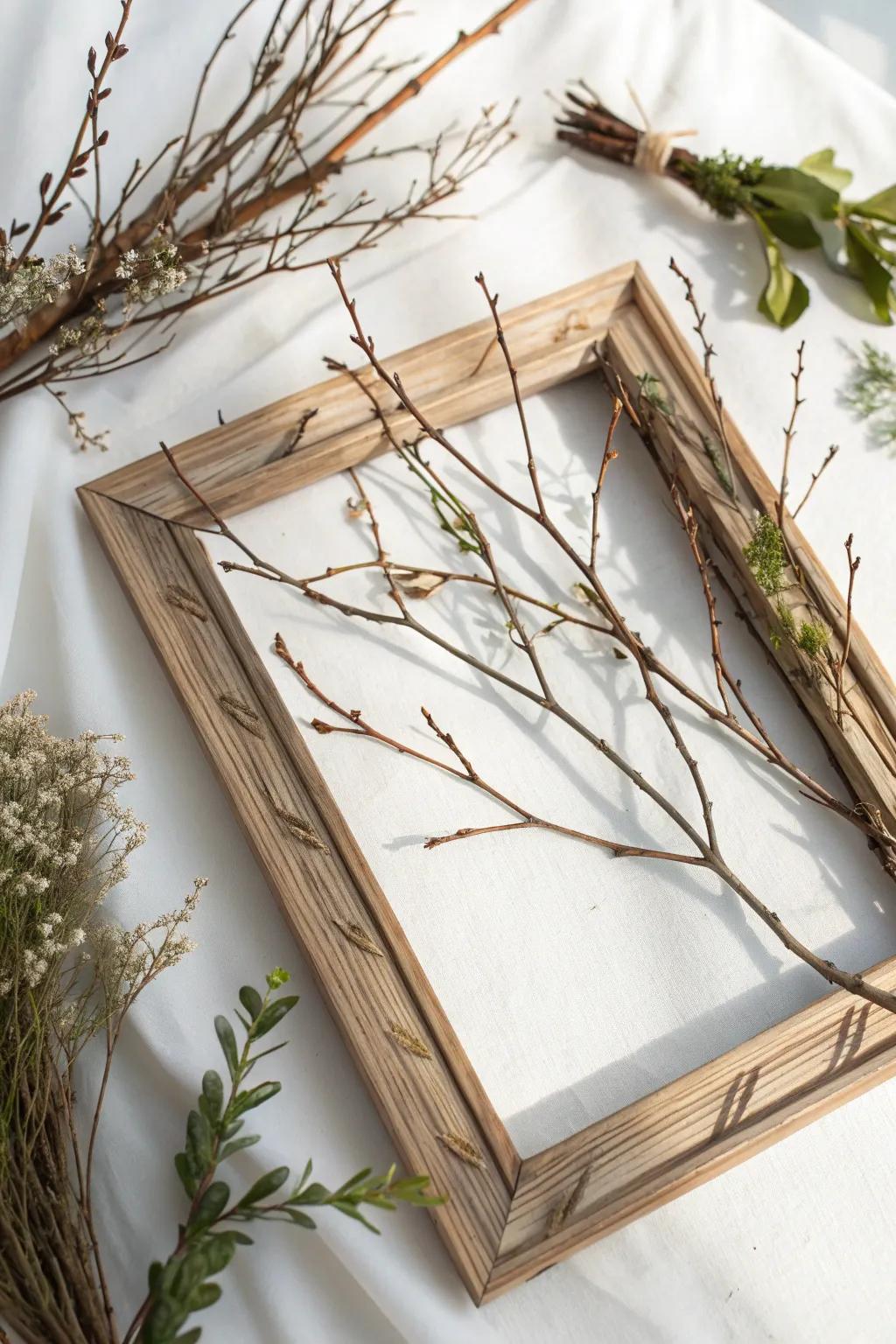 Bring the outdoors in with this charming twig-decorated frame, perfect for adding a rustic touch to your space.