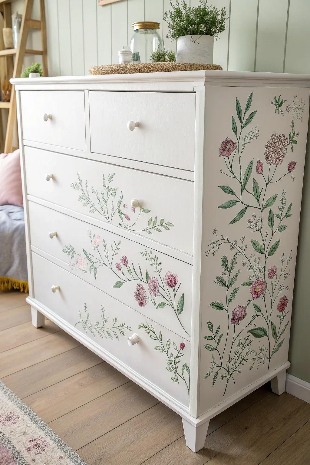 Bring the garden indoors with whimsical hand-painted florals on your dresser.